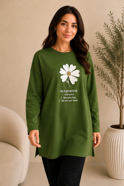 SADEL Çiçek Nakışlı Oversize Tunik - Yeşil