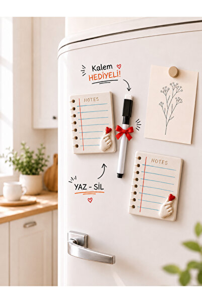 Satürn Atölye El Yapımı Seramik Yaz Sil Buzdolabı Notluk Magnet 2'li Set Kale...