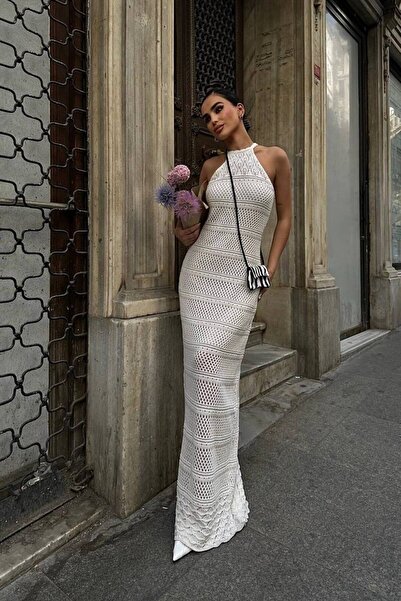 ÇEÇİM Kadın Halter Yaka Ajurlu Triko Maxi Elbise