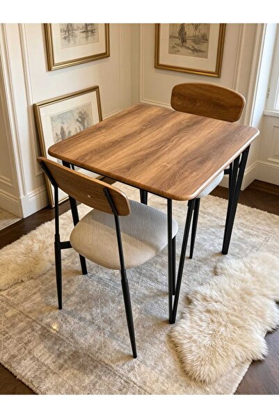 Generic Table with 2 Chairs, Wooden Surface and Fixed Metal Legs