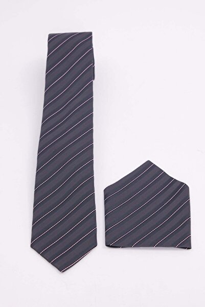 Tudors Anthracite Gray Pink Striped Classic Tie with Collar Handkerchief