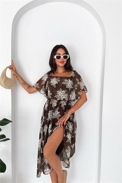 Neşeli Butik Women's Brown Madonna Collar Chiffon Patterned Midi Length Dress...
