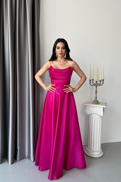 Serica Moda Fuchsia Stone Embellished Strapless Satin Evening Dress