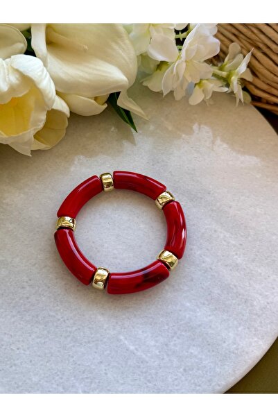 Merishe Jewerly سوار مطاطي من الأكريليك مزين بالخرز الذهبي بنمط الرخام الأحمر