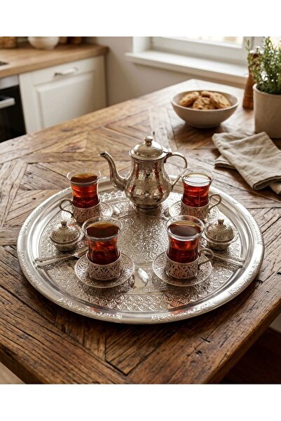 Bakır Center Tea Presentation Tray 38 cm Copper Ottoman Hand Embroidered Stee...