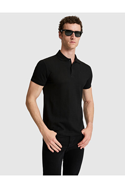 Pierre Cardin تي شيرت أسود بقصة ضيقة وأزرار وياقة بولو 50321192-VR046