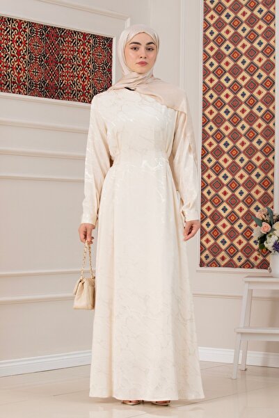 Sevitli Tie-Waist Jacquard Evening Dress-Beige