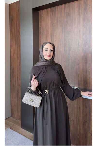 MODA TAY KADIN BELDEN BÜZGÜLÜ ŞIK TESETTÜR ELBİSE AKSESUARLI