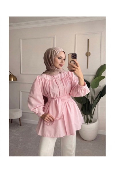 Bahar Altundemir Waist Belted Poplin Fabric Hijab Women's Shirt