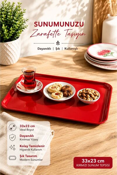 Tercih Home صينية تقديم الشاي الفاخرة باللون الأحمر، صينية تقديم من الميلامين...