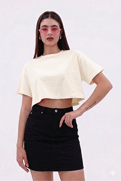 veira Cream Single Jersey Cotton Basic Women's Short Sleeve Crop T-Shirt