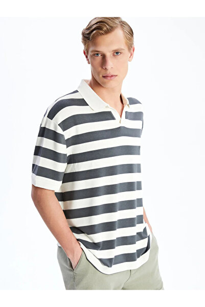 LC Waikiki Blue Polo Collar Striped Combed Cotton Men's T-Shirt