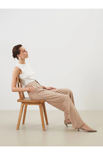 LC Waikiki Beige Loose Fit Striped Women's Pleated Trousers