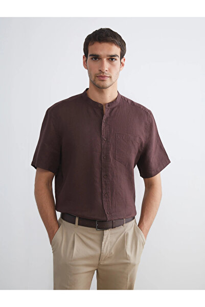 LC Waikiki Brown Regular Fit Notched Collar Short Sleeve 100% Linen Men's Shirt