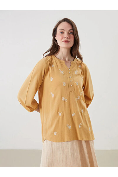 LC Waikiki Yellow collar flower embroidered blouse