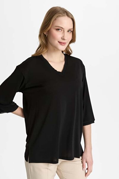 Mutlu Ertan V-Neck Ribbed Women's Blouse 30451-Black-Black