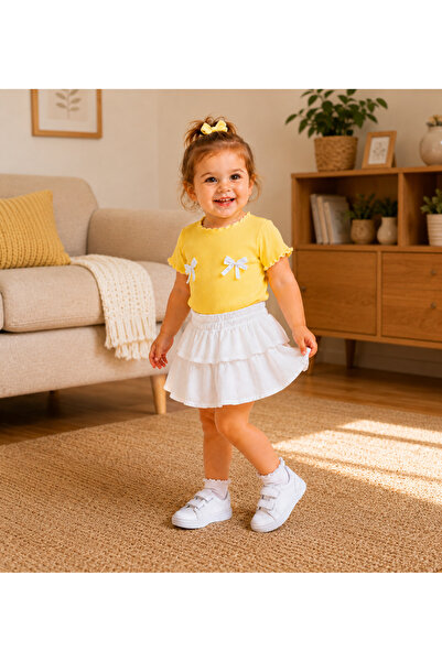 AKİF GİYİM Kız Bebek & Çocuk Fırfırlı Etek Fiyonklu Bluz Takımı