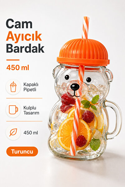 DolphFin Sihirli Cam Ayıcık Bardak 450 ml Kapaklı Pipetli Cam Kupa Ayı Figürl...