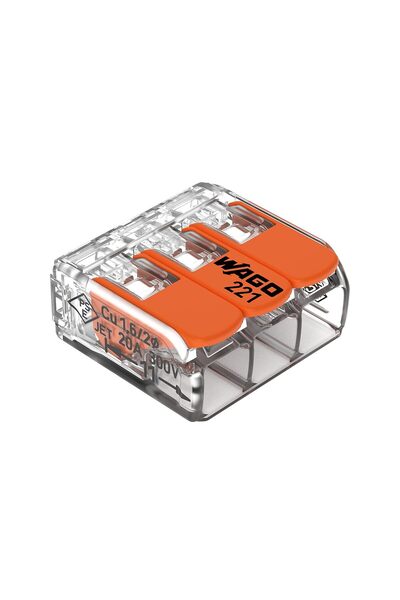 WAGO 221-413 LEVER-NUTS® - 3 İletkenli Kompakt Ekleme Konnektörleri (50'li Paket)