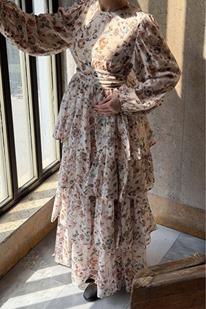Faya Boutique Vizon Bahar Çiçekli Kat Kat Şifon Elbise
