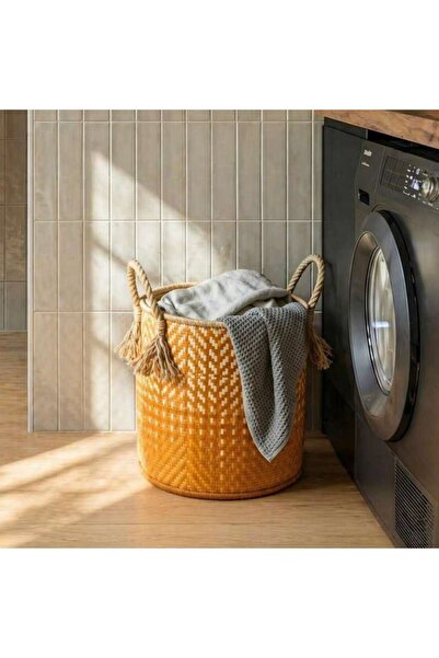 PAN HOME Avenue Round Palm Leaf Basket 35x35x43cm -natural/orange