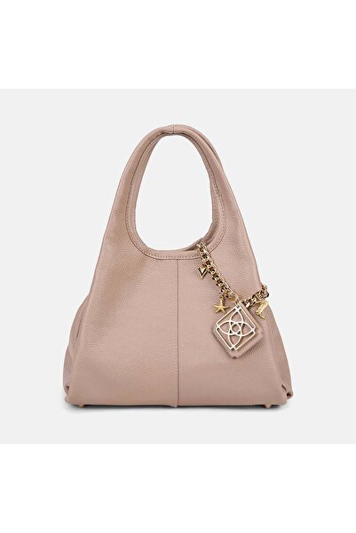 Desa Women's Beige Leather Handbag with Charm Accessories
