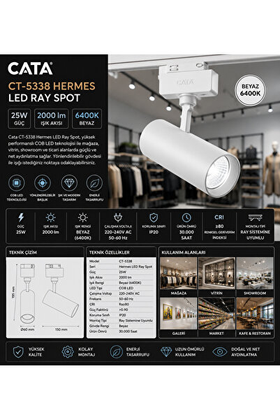 Cata CT-5338 LED Ray Spot 25W Beyaz 6400K 2000 Lümen Profesyonel Ray Armatür