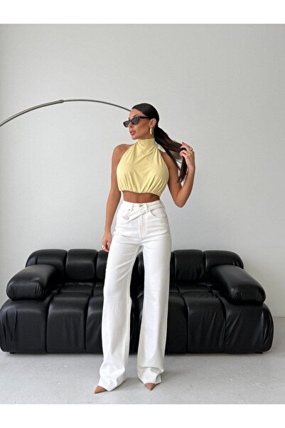 HerTon Asymmetrical Belt Detail High Waist Wide-Leg Denim Pants