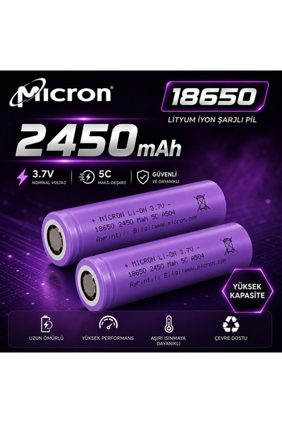 LENAOKSAN 18650 Li-ion 2450mAh 3.7V 5C Şarjlı Pil (2 Adet) (Lityum İyon)