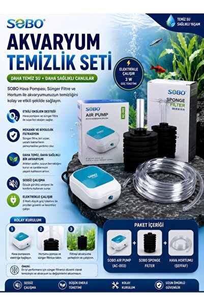 Sobo SESSİZ MOTOR AKVARYUM TEMİZLİK VE OKSİJEN SETİ