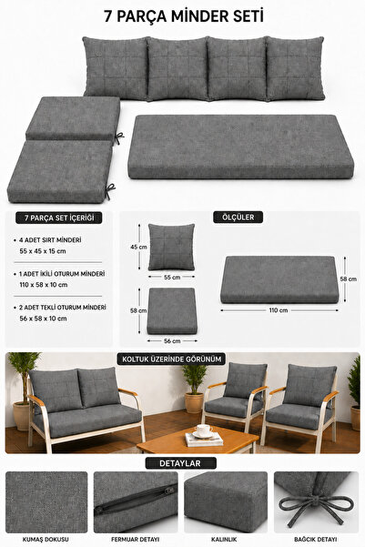 UFUK HOME Daisy 211 Gri 7 Parça Balkon Bahçe Mobilyası Minder Seti Fermuarlı ...
