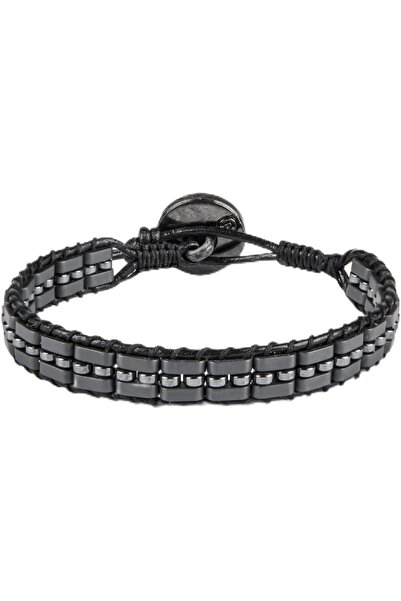 MINZA Mars Men’s Leather Bracelet, Hematite Beaded Bracelet, Handmade Adjusta...