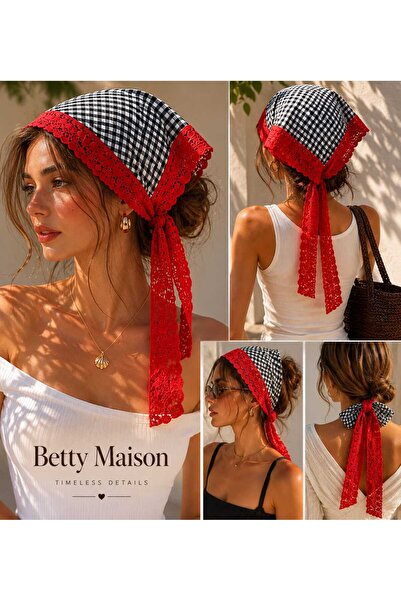 Handmade Betty Bands Black White Plaid Triangle Hair Bandana Red Lace Detaile...
