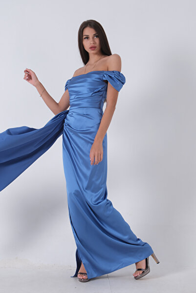 belamore Drape Detaylı Saten Kumaş Abiye Elbise Mavi 9704858