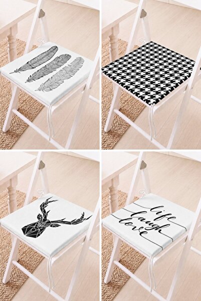 Home Set of 4 Black and White Minimal Patterned and Written Lace-Up Chair Cus...