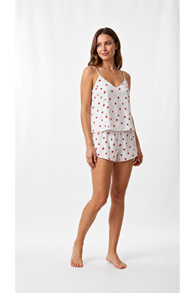 İNKO İÇ GİYİM Satin Heart Pattern White Adjustable Strap Pajama Set