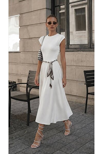 breva wear Belt Detailed Crew Neck Midi Length White Dress