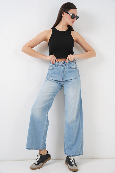 Merterium Women's Wide Leg High Waist Palazzo Jeans 1266 - Light Blue