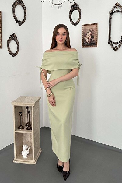 Elbee Fashion Woman Yeşil Yaka Detaylı Midi Elbise