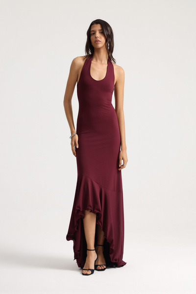 Mozto Lavinia Halter Yaka Asimetrik Kesim Bordo Maxi Elbise
