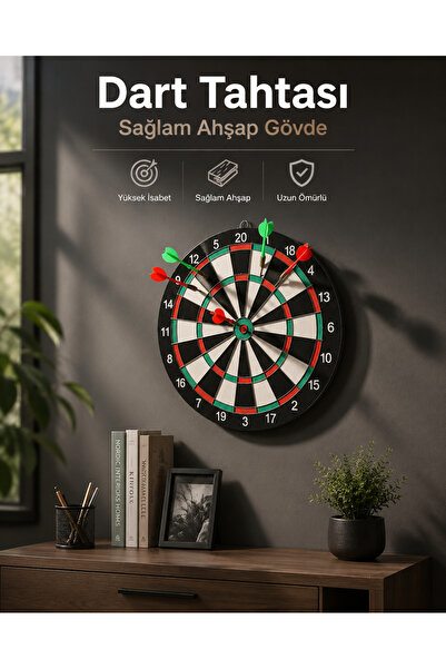 teknodayım Wall-Mounted Sturdy Wooden Dart Board 17 Inch for Home and Playgro...