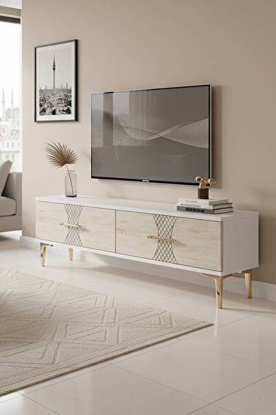 YUMEDİ DESİGN TSA1232BT - MERVE TV STAND , TV SEHPASI 120cm BEYAZ-TRAVERTEN