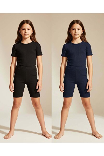 REDTAG Girls Black and Navy & Ribbed Cycling Shorts Pack Of 2