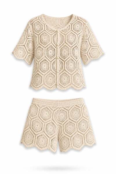 5in1Canpolat Beige Crochet Knit Blouse Shorts Set