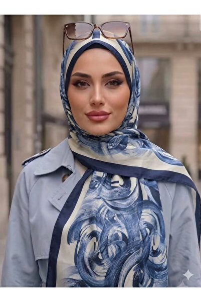 Nazellaa Dynamic Swirl Pattern Semi-Shiny Jacquard Shawl Navy Blue