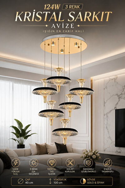 Elvora Home Modern (PREMİUM) Kristal Sarkıt Avize 6'lı LED Gold Siyah Detaylı...