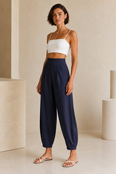 FEVİLLE Pantaloni Shalwar tip balon din țesătură crep elastică, albastru închis
