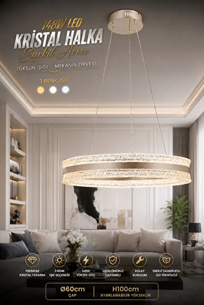 Elvora Home Modern (PREMİUM) LED Kristal Halka Sarkıt Avize Modern Gold Salon...
