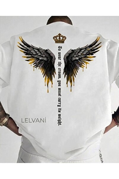LELVANİ Men's Crown Printed Winged Bird Detail Crewneck T-Shirt