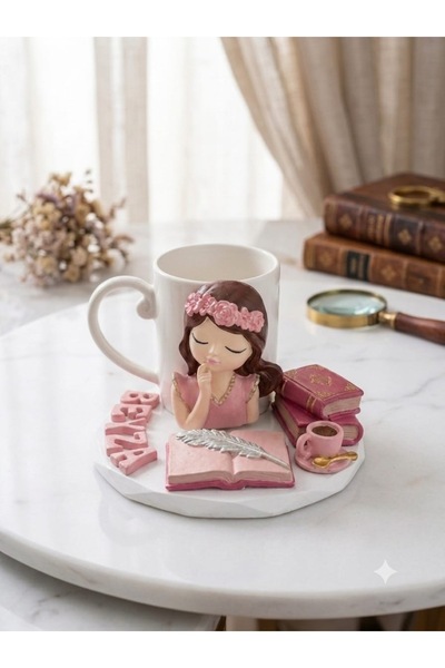 Ahşap Evi Kişiye Özel 3D Minyatür Kitap ve Tüy Kalem Detaylı El Yapımı Fincan...